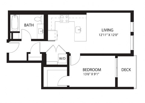 Floor plan for 1 bed, 1 bath, 733 sqft